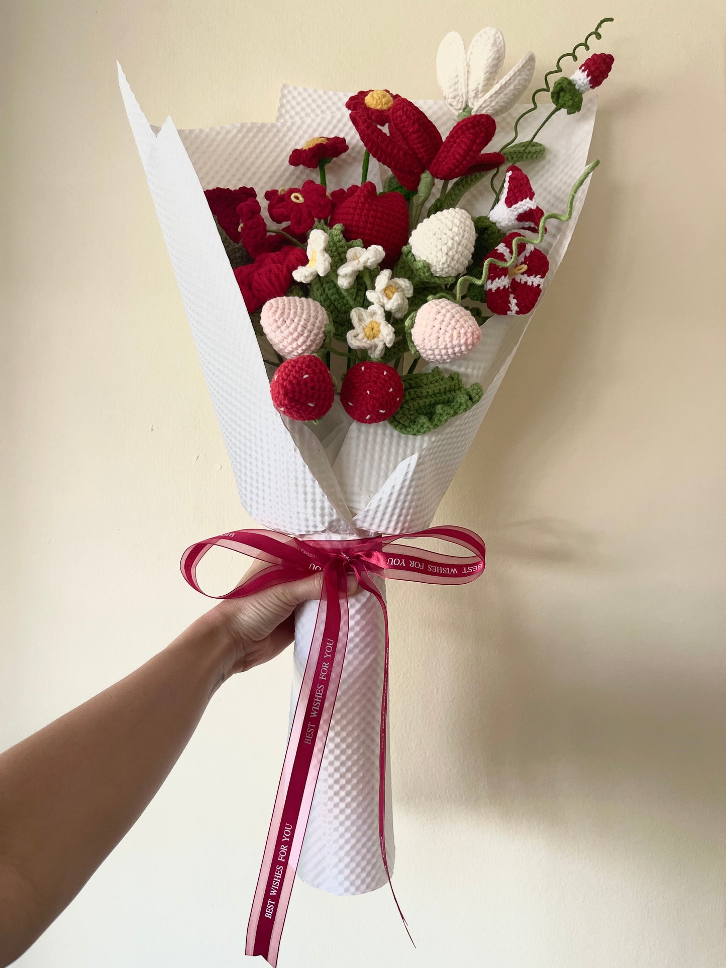 Handmade Red Crochet Flower Bouquet – Strawberry & Tulip Mix