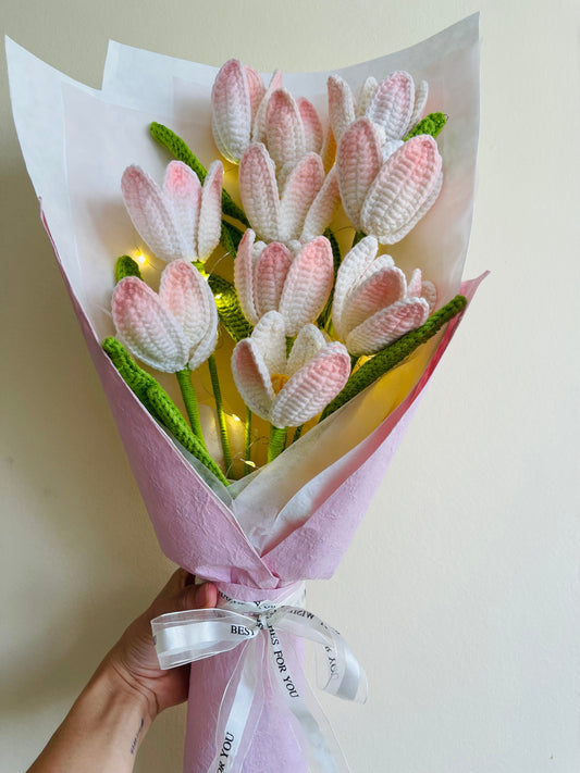 Handmade Crochet Tulip Bouquet – Soft Pink, Elegant & Light-Up
