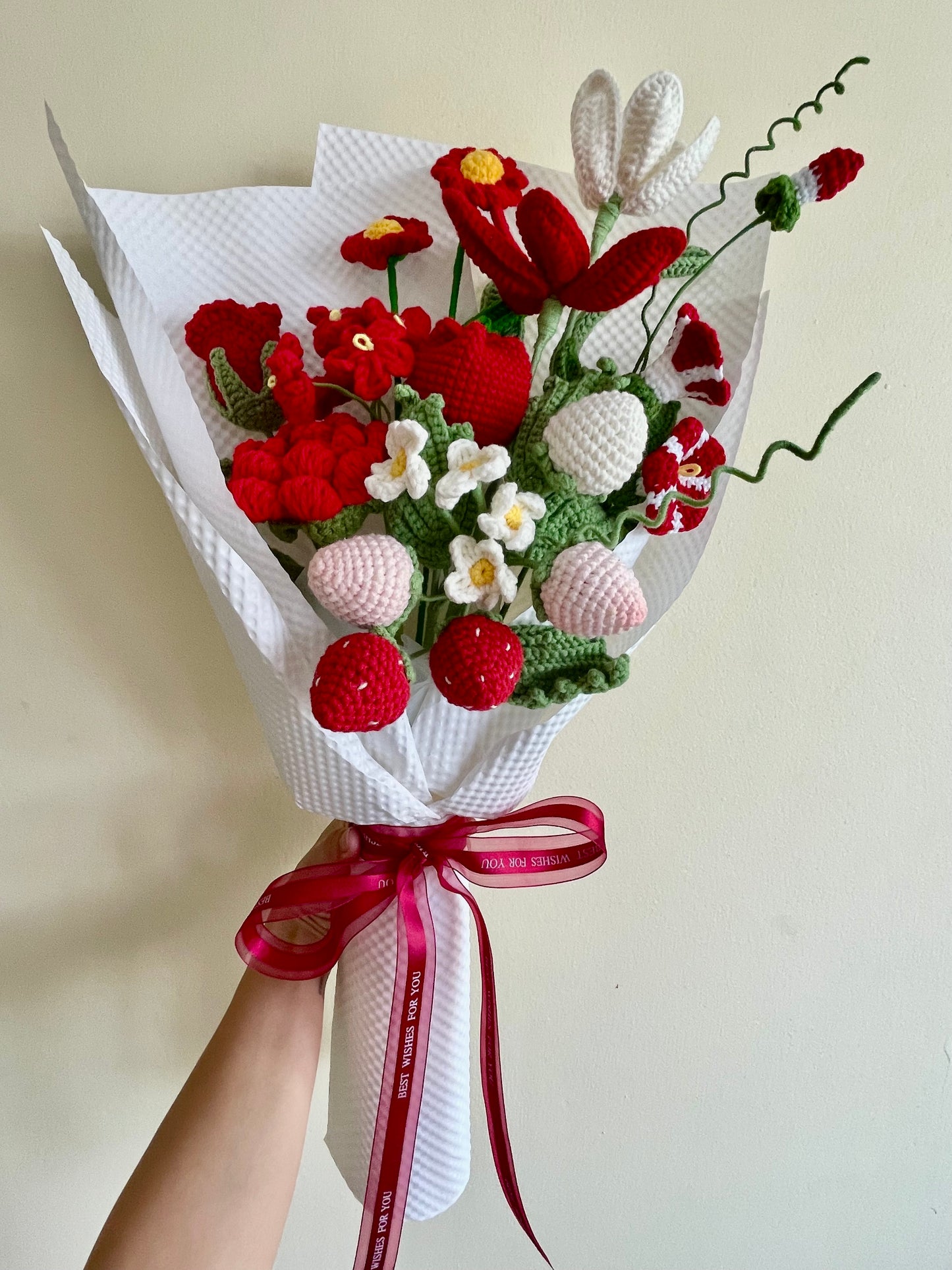 Handmade Red Crochet Flower Bouquet – Strawberry & Tulip Mix