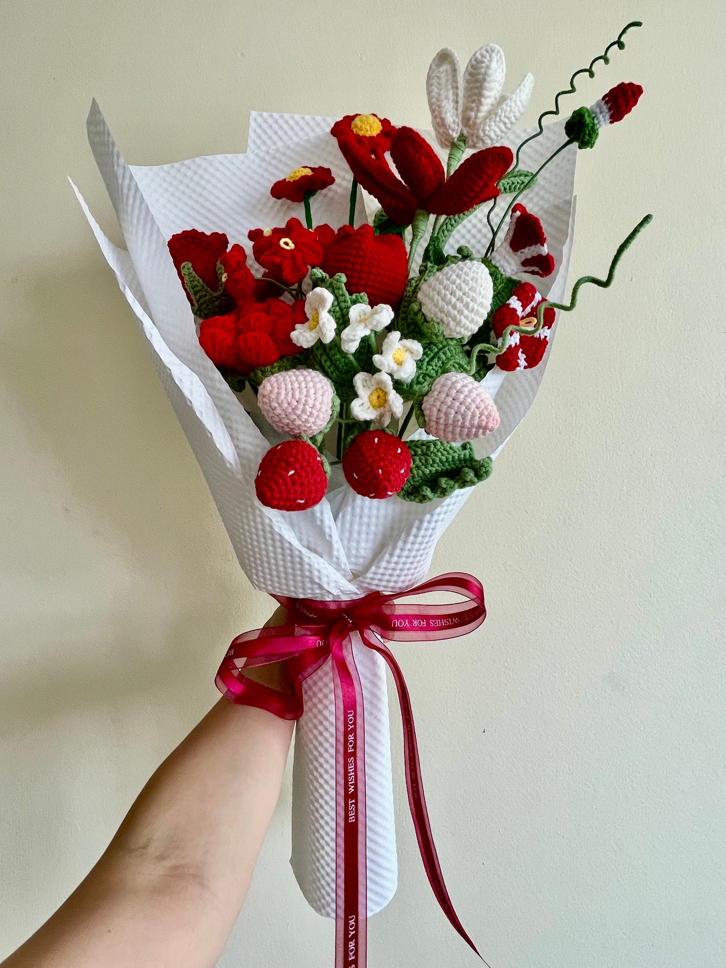 Handmade Red Crochet Flower Bouquet – Strawberry & Tulip Mix