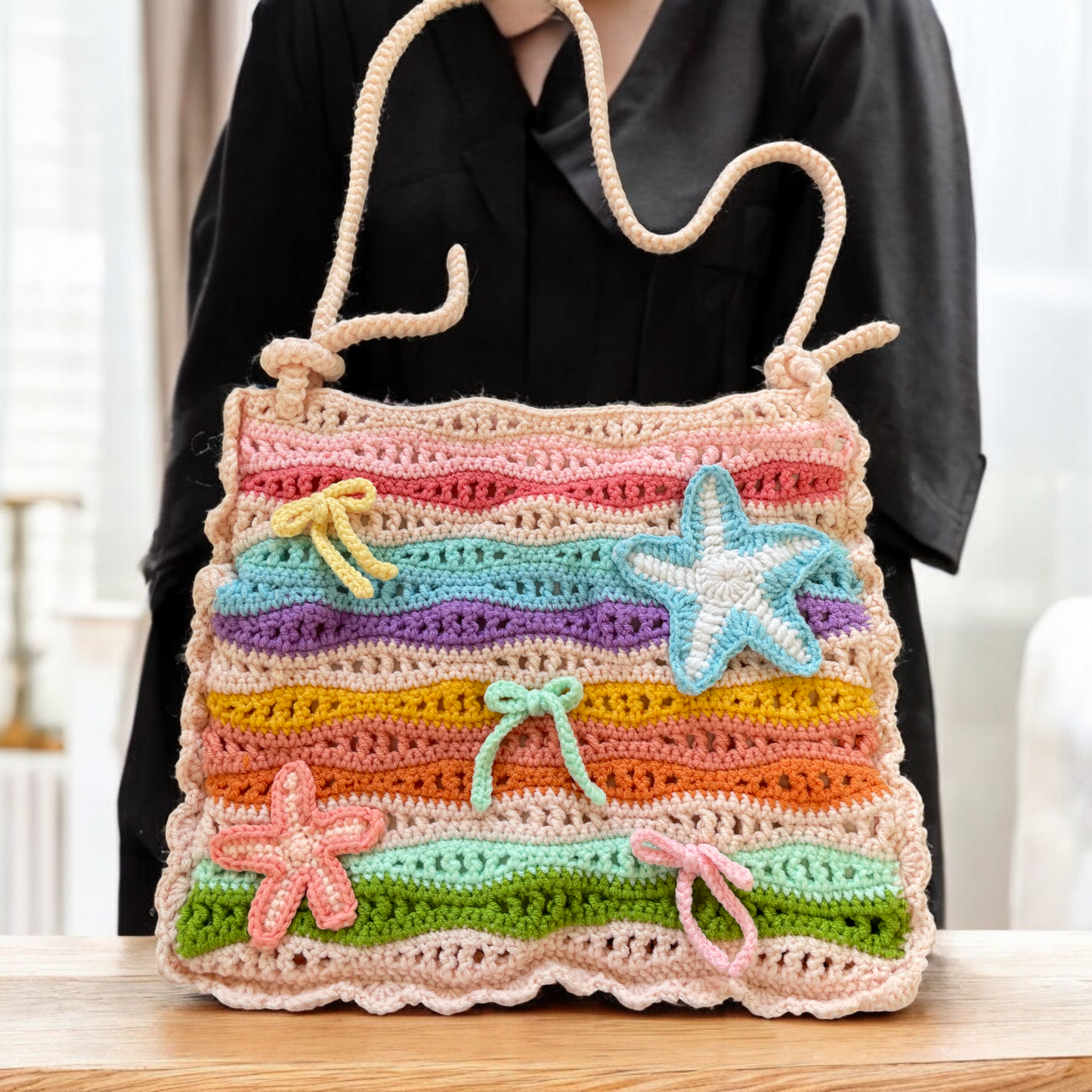 Handmade Crochet Rainbow Wave Bag – Sea Vibe Edition (With or Without Charms)