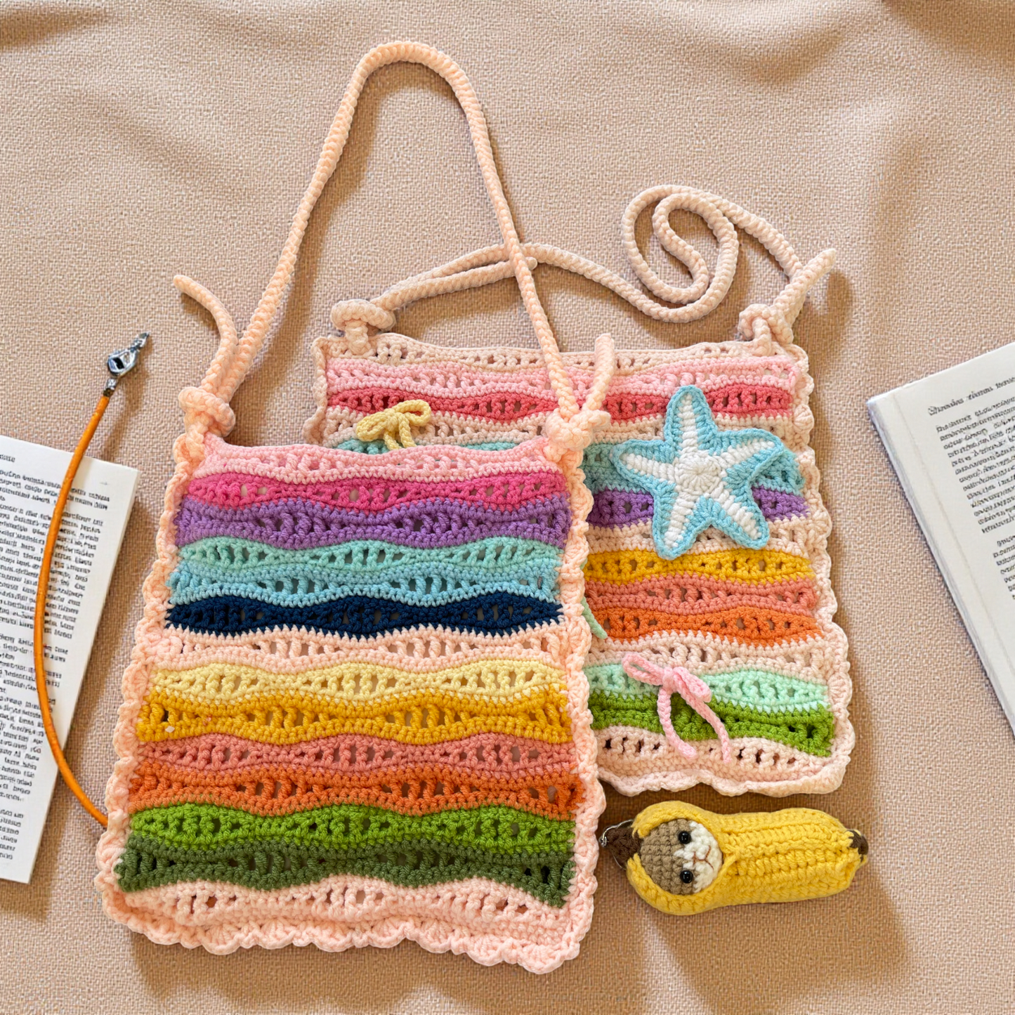Handmade Crochet Rainbow Wave Bag – Sea Vibe Edition (With or Without Charms)