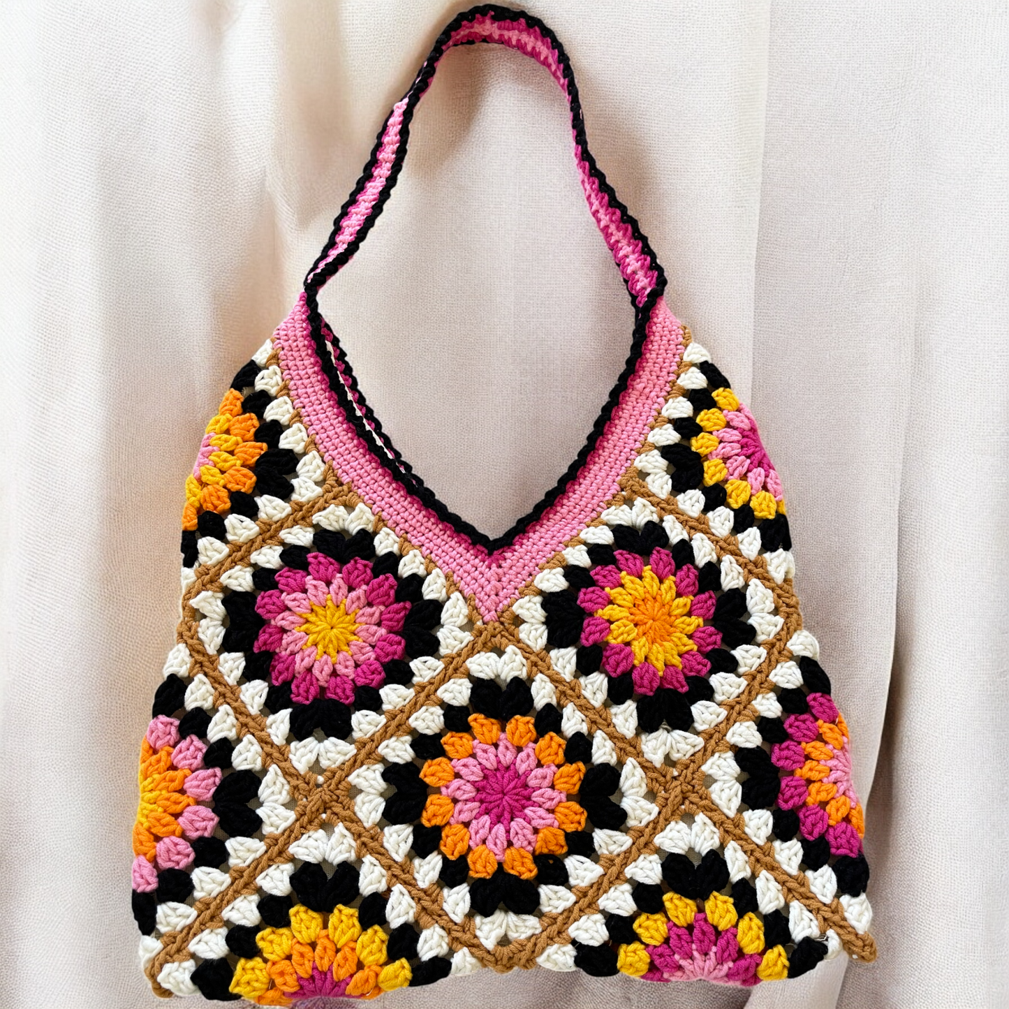 Handmade Crochet Floral Tote Bag | Large Boho Shoulder Bag | Retro Granny Square Design