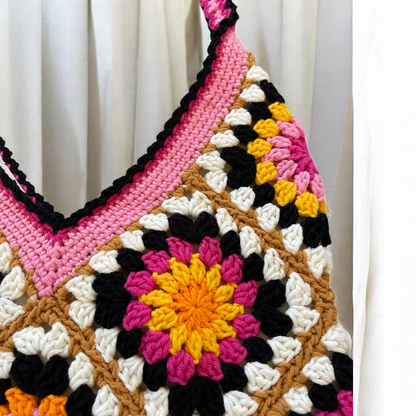 Handmade Crochet Floral Tote Bag | Large Boho Shoulder Bag | Retro Granny Square Design