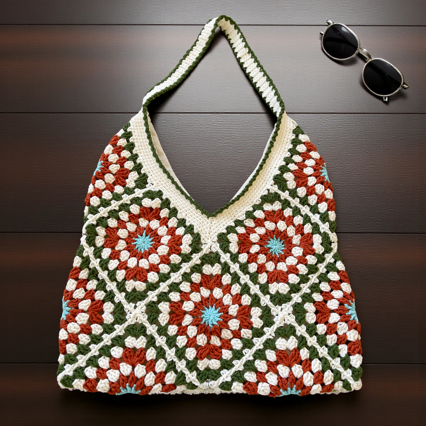 Handmade Crochet Floral Tote Bag | Large Boho Shoulder Bag | Retro Granny Square Design