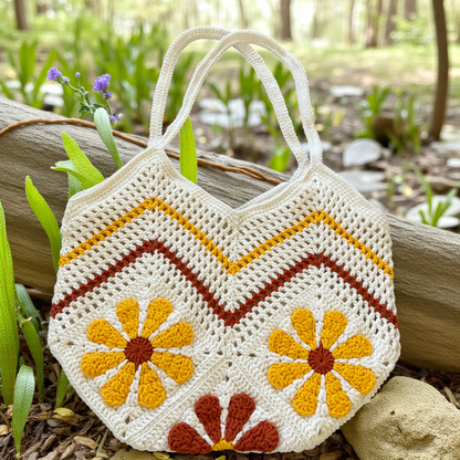 Handmade Crochet Floral Tote Bag | Large Boho Shoulder Bag | Retro Daisy Design