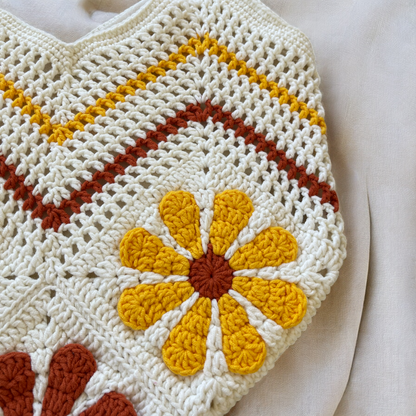 Handmade Crochet Floral Tote Bag | Large Boho Shoulder Bag | Retro Daisy Design
