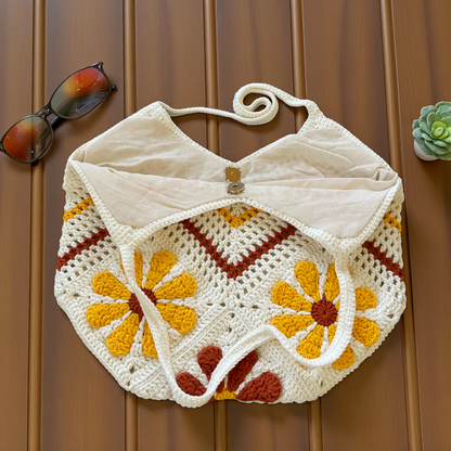 Handmade Crochet Floral Tote Bag | Large Boho Shoulder Bag | Retro Daisy Design
