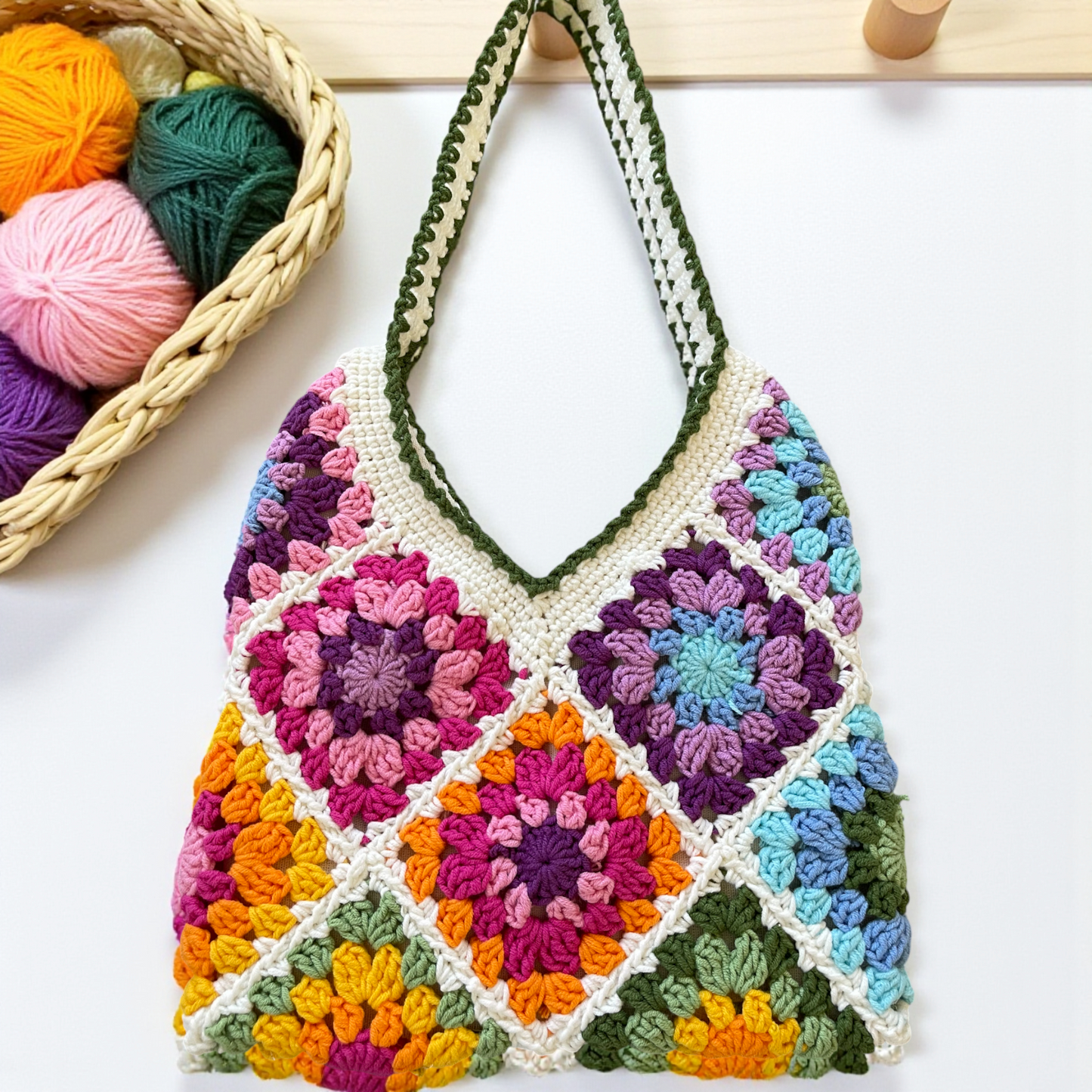 Handmade Crochet Floral Tote Bag | Large Boho Shoulder Bag | Retro Granny Square Design