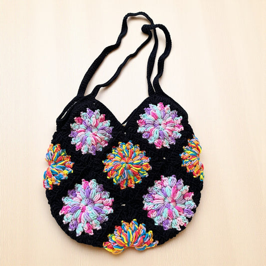 Handmade Crochet Floral Tote Bag | Medium Boho Shoulder Bag | Retro Granny Square Design – Rainbow or Sunflower