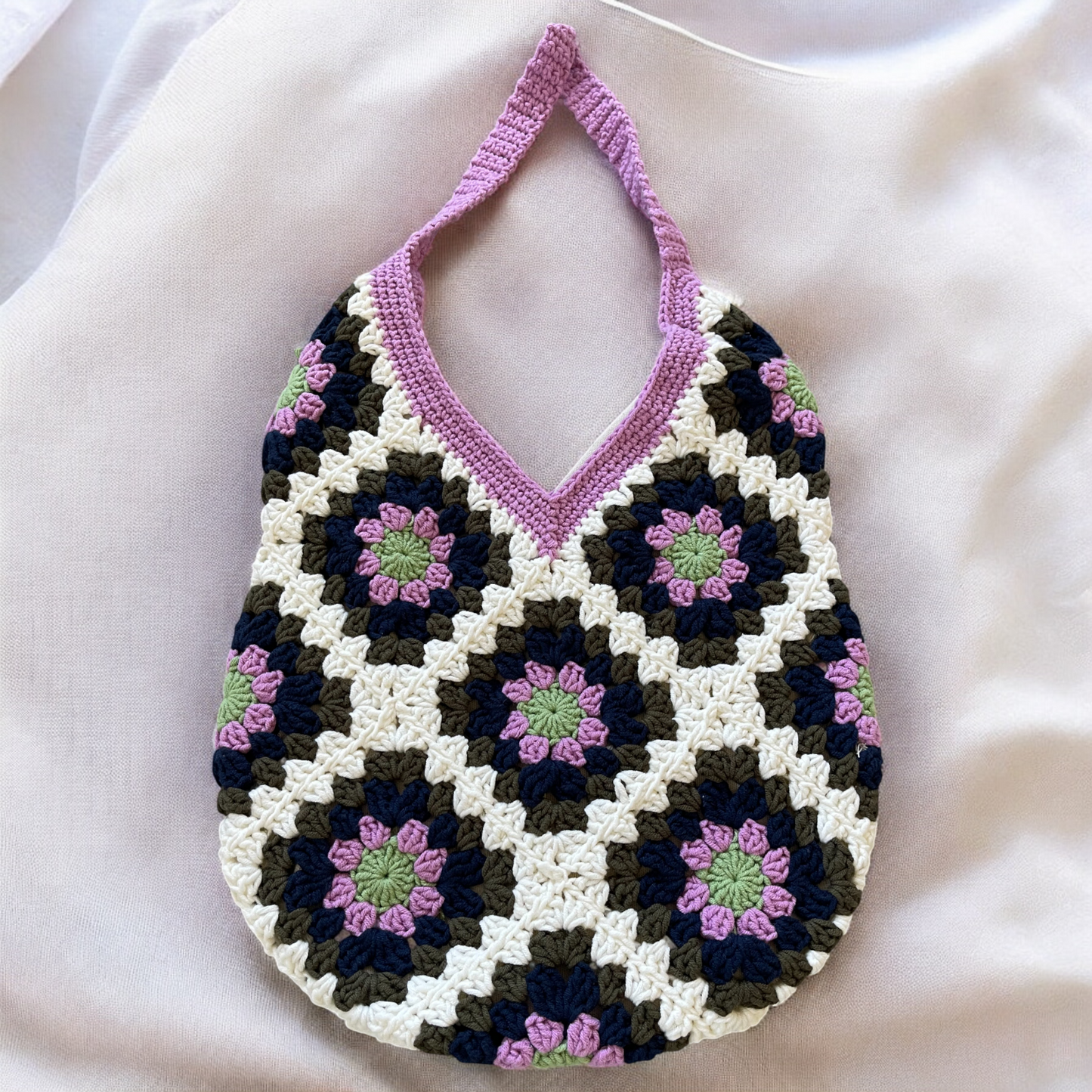 Handmade Crochet Granny Square Tote Bag – Retro Vintage Style Shoulder Bag