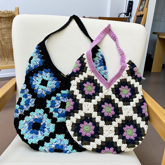 Handmade Crochet Granny Square Tote Bag – Retro Vintage Style Shoulder Bag