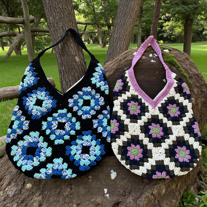 Handmade Crochet Granny Square Tote Bag – Retro Vintage Style Shoulder Bag