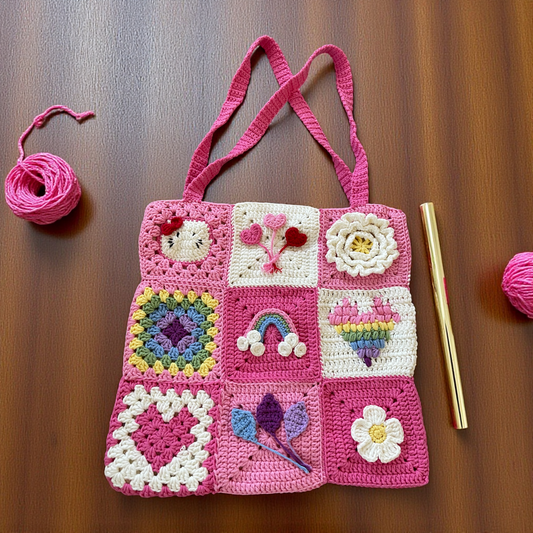 Handmade Crochet Rainbow, Heart & 3D Flower Granny Square Large Tote Shoulder Bags – Lined & Button Closure