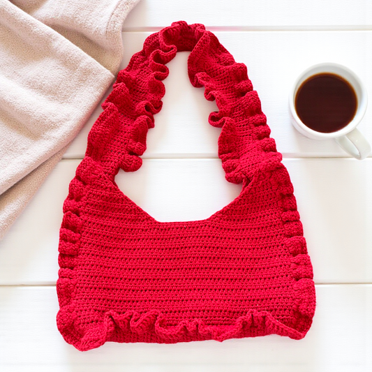 Handmade Crochet Red Ruffle Shoulder Bag - Feminine Fashion Bag for Parties & Everyday Style