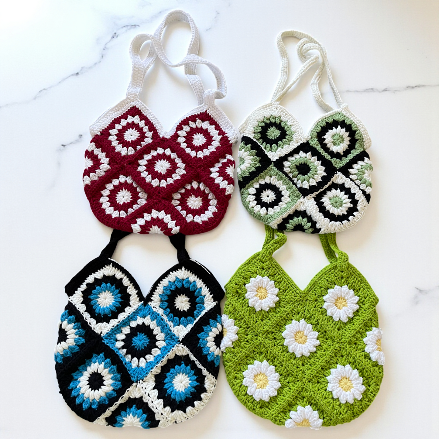 Small Handmade Crochet Tote Bag – Daisy Granny Square with Lining and Button Closure