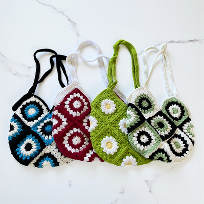 Small Handmade Crochet Tote Bag – Daisy Granny Square with Lining and Button Closure
