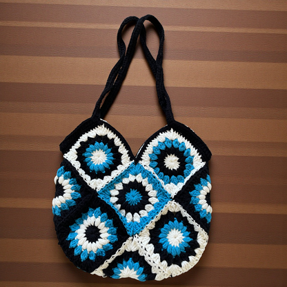 Small Handmade Crochet Tote Bag – Daisy Granny Square with Lining and Button Closure