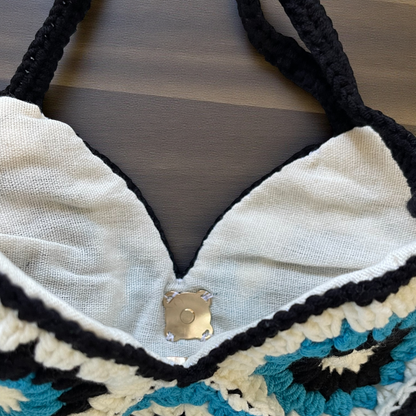 Small Handmade Crochet Tote Bag – Daisy Granny Square with Lining and Button Closure