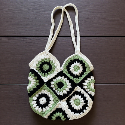 Small Handmade Crochet Tote Bag – Daisy Granny Square with Lining and Button Closure