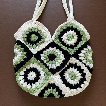 Small Handmade Crochet Tote Bag – Daisy Granny Square with Lining and Button Closure