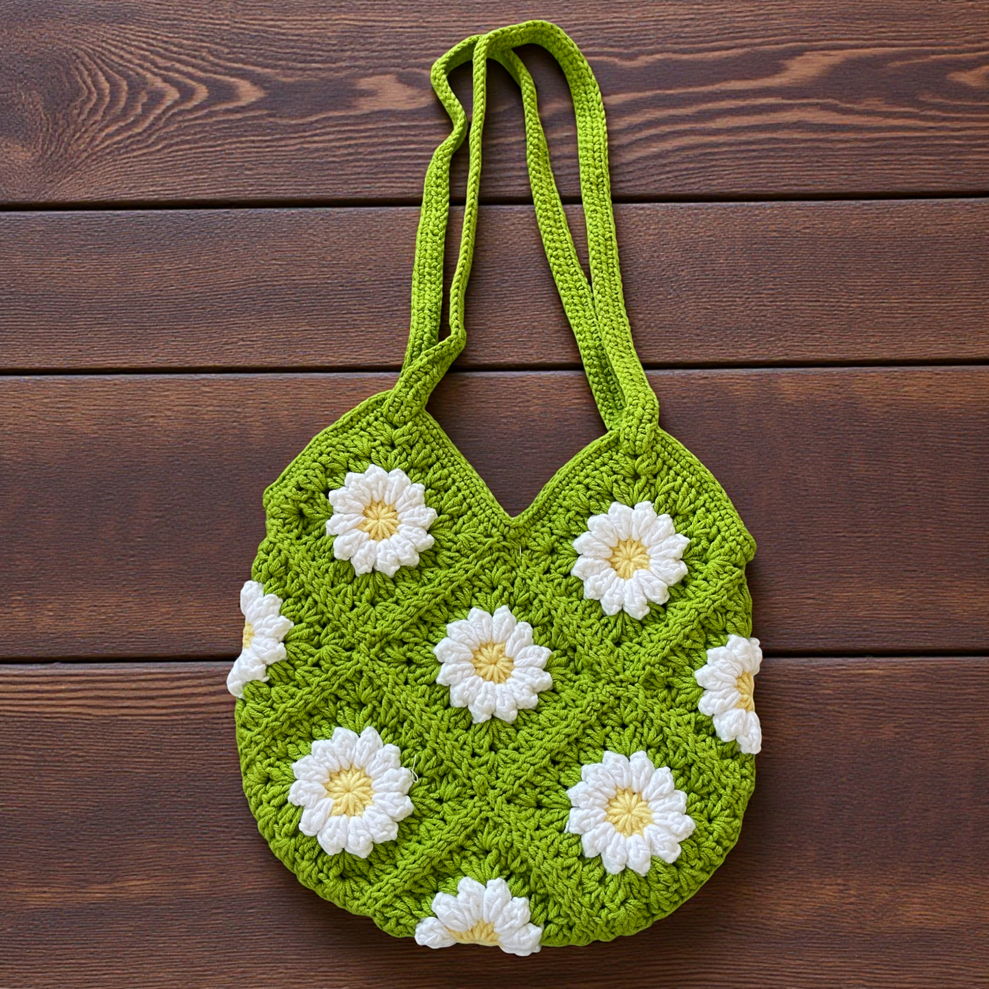 Small Handmade Crochet Tote Bag – Daisy Granny Square with Lining and Button Closure