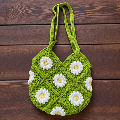 Small Handmade Crochet Tote Bag – Daisy Granny Square with Lining and Button Closure