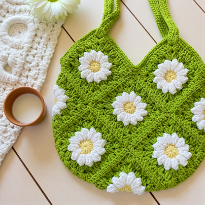 Small Handmade Crochet Tote Bag – Daisy Granny Square with Lining and Button Closure