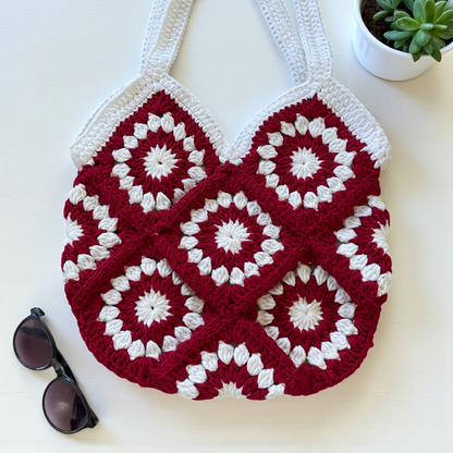 Small Handmade Crochet Tote Bag – Daisy Granny Square with Lining and Button Closure