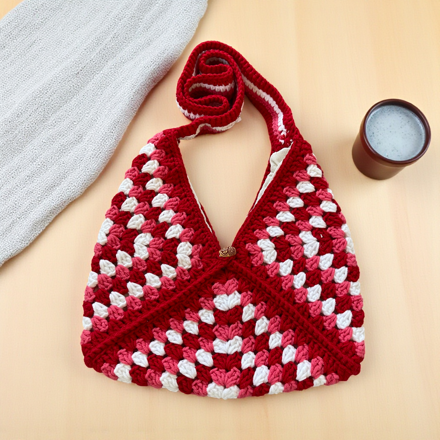Handmade Crochet Shoulder Bags with Granny Square Details – Lined & Button Closure