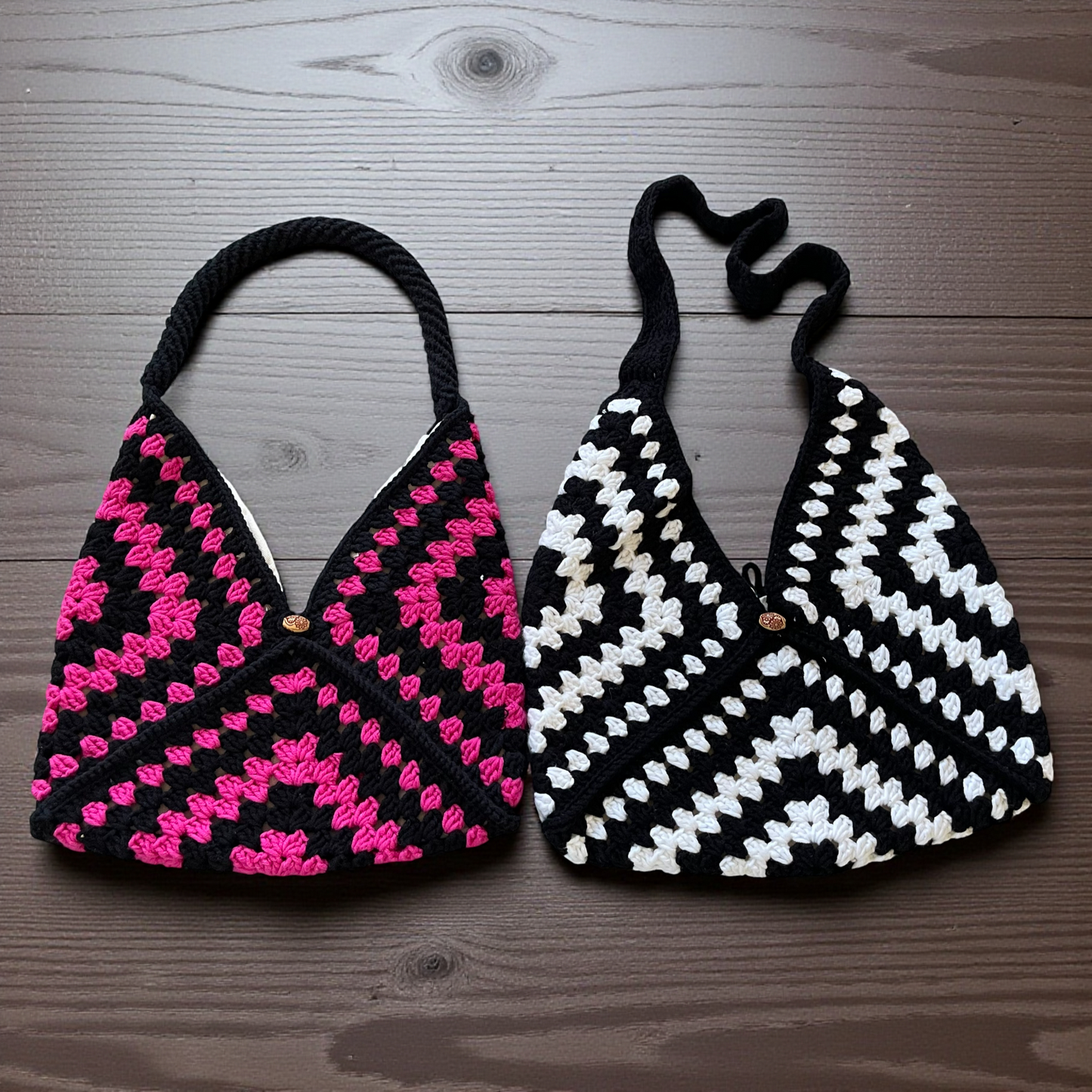 Handmade Crochet Shoulder Bags with Granny Square Details – Lined & Button Closure