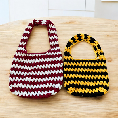 Handmade Crochet Striped Shoulder Bag | 2 Colors Available – Maroon & White / Black & Yellow