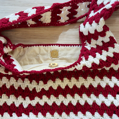 Handmade Crochet Striped Shoulder Bag | 2 Colors Available – Maroon & White / Black & Yellow