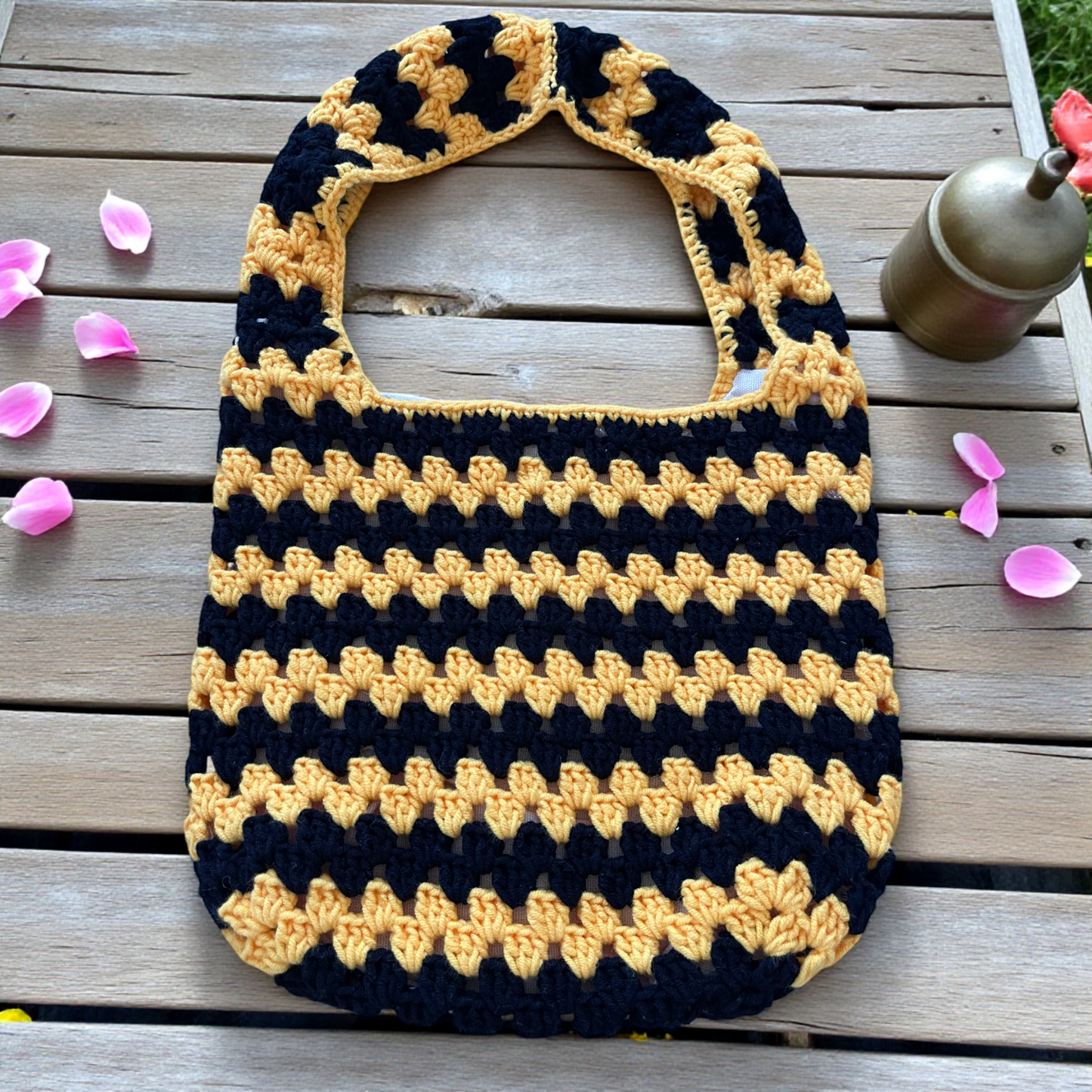 Handmade Crochet Striped Shoulder Bag | 2 Colors Available – Maroon & White / Black & Yellow