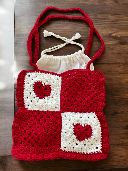 Handmade Crochet Heart Tote Bag | Small Retro Shoulder Bag | Red &amp; White Granny Square Purse with Drawstring Pouch