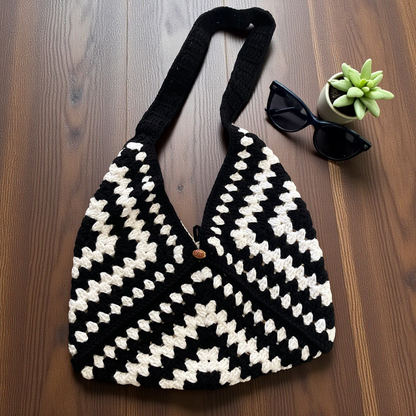 Handmade Crochet Shoulder Bags with Granny Square Details – Lined & Button Closure