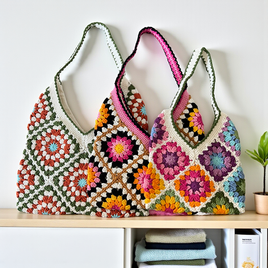 Handmade Crochet Floral Tote Bag | Large Boho Shoulder Bag | Retro Granny Square Design